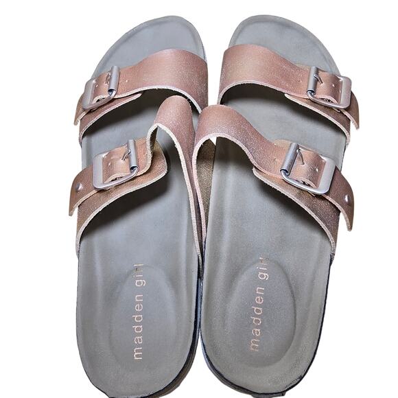 Madden Girl Rose Gold Double Silver Buckle Slide Sandals Slip on Cork Womens 9 - Picture 6 of 8